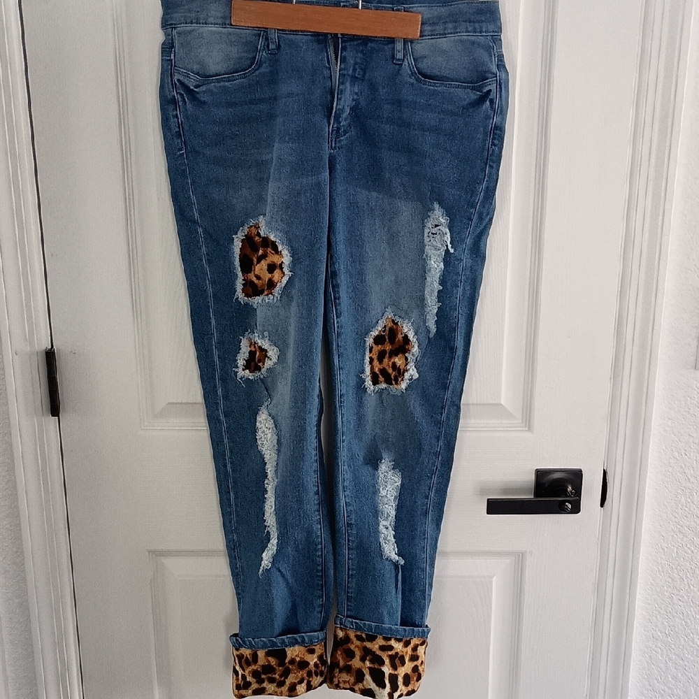 Leopard Patch Distressed Blue Jeans